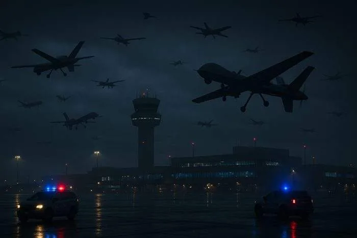 Military-grade drones flying over a European airport at night, with control tower lights glowing red and blue amid tense security activity.