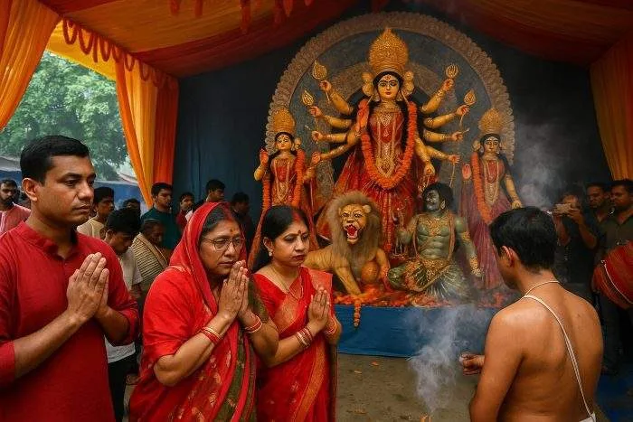 Hindu devotees praying before a decorated Durga idol at a pandal in Bangladesh during Durga Puja.