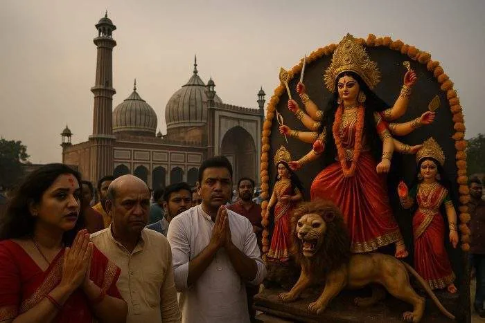 Hindu devotees praying before a Durga idol during Puja, their expressions solemn and tense.
