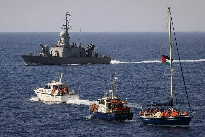 Israeli naval ship intercepts aid vessels from the Global Sumud Flotilla on their way to Gaza.