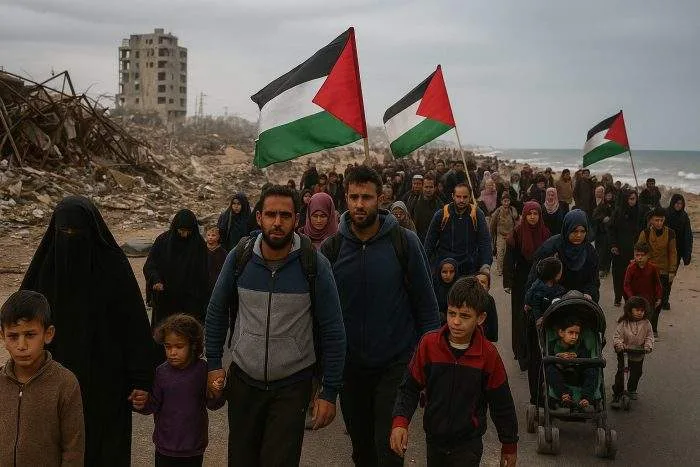 Palestinian civilians, including families with children, walk along a coastal road in Gaza past rubble and destroyed buildings, carrying belongings and waving flags under a cloudy sky.