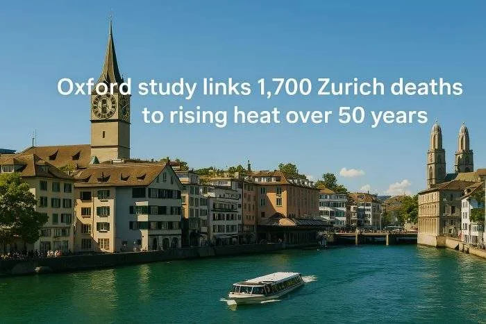 Zurich city skyline on a bright summer day with the Limmat River in the foreground and historic buildings under intense sunlight.