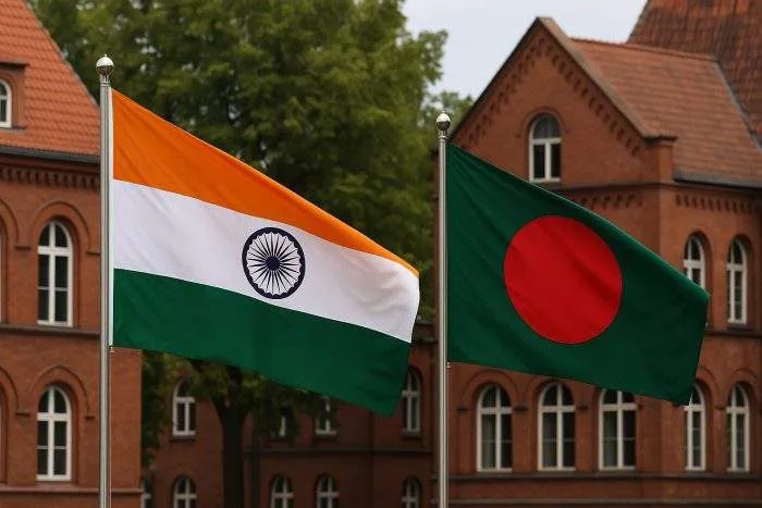The national flags of India and Bangladesh flutter side by side in front of historic red-brick buildings and green trees.