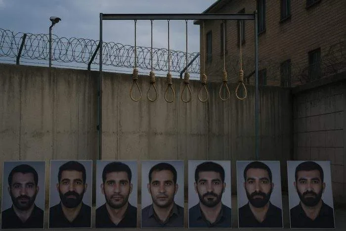 A grim prison yard in Iran showing six empty nooses hanging beneath barbed wire, with portraits of executed men placed below the gallows.