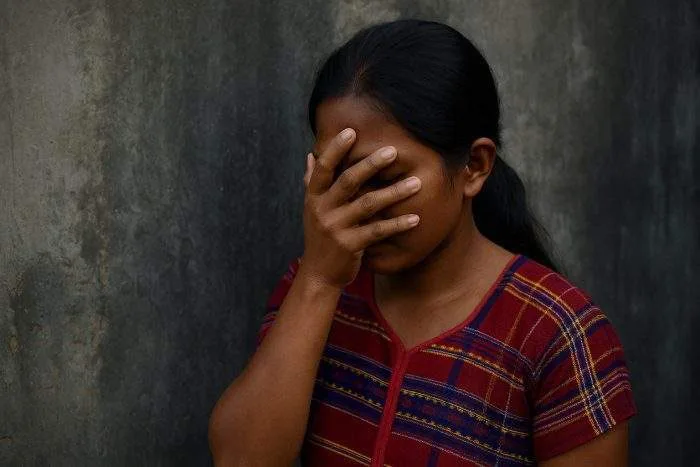 A young indigenous woman in traditional clothing covers her face with her hand against a concrete wall, symbolizing silence and resilience.