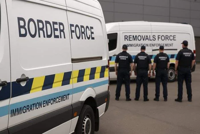 UK Border Force and Removals Force vans with officers standing beside them, representing Britain’s proposed immigration enforcement expansion.