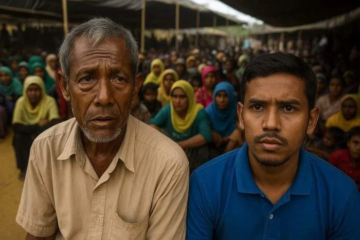 Two Rohingya men sit among a large group of refugees in a crowded camp, looking solemnly ahead as women and children gather under makeshift shelters.