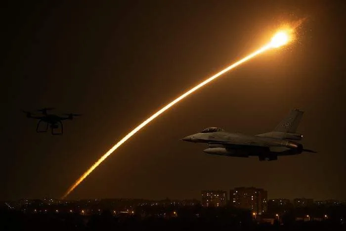 A missile explodes over the Ukrainian city of Lviv at night as a fighter jet and drone are seen in the sky, highlighting Russia’s large-scale aerial assault.