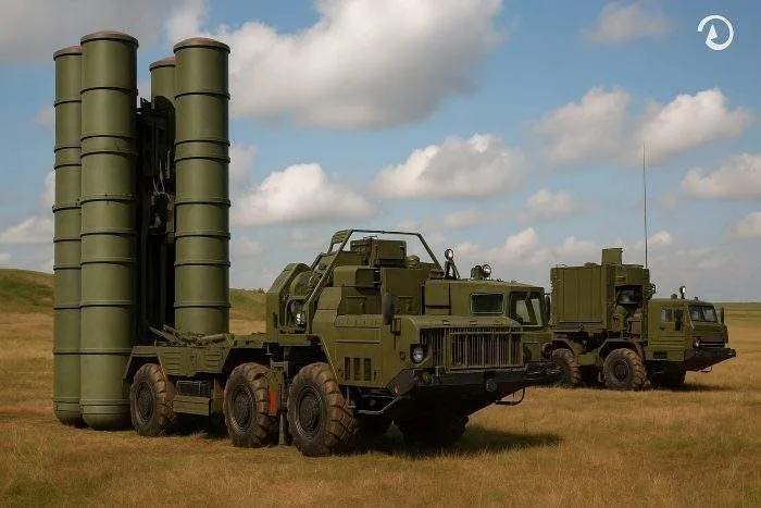 A Russian S-400 Triumf air-defense launcher and command vehicle parked in open grassland under a blue sky.