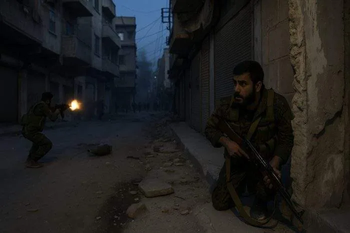 Armed fighters move cautiously through a damaged street in Aleppo, smoke and debris filling the air after overnight clashes.