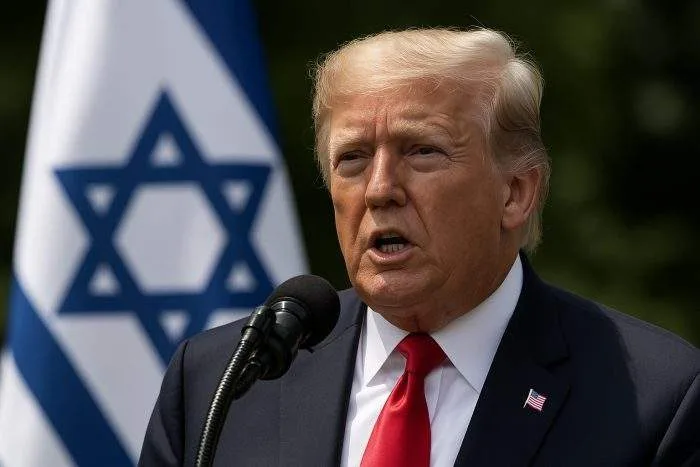 Donald Trump speaks at a podium with the Israeli flag in the background.