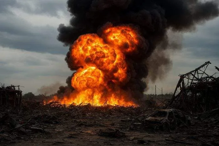 A massive fireball and thick black smoke rise from the ruins of a military explosives factory, surrounded by twisted metal, charred debris, and collapsed structures.