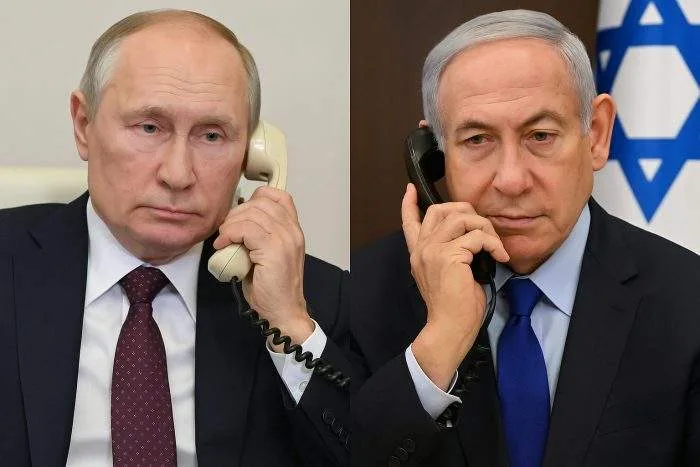 Russian President Vladimir Putin and Israeli Prime Minister Benjamin Netanyahu speaking on the phone in separate offices, symbolizing their diplomatic call.