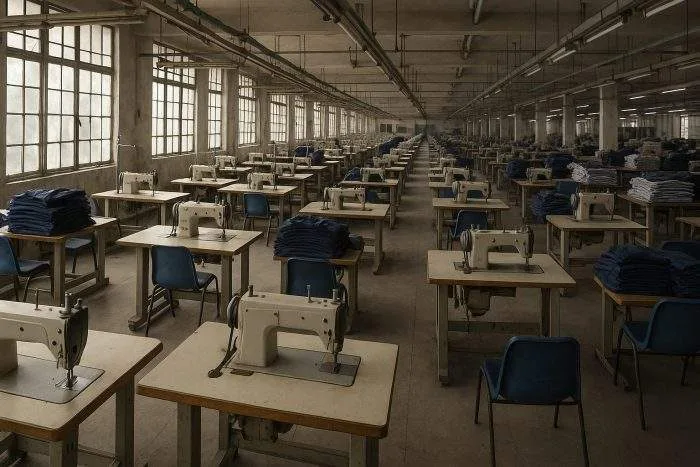 Empty garment factory in Bangladesh with rows of sewing machines and folded clothes, symbolizing factory closures and unemployment.