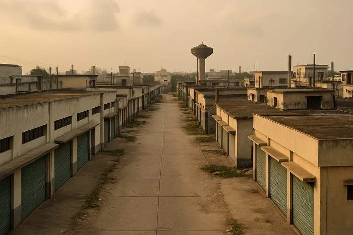 An empty industrial zone with rows of shuttered factory buildings under a hazy sky, symbolizing economic slowdown and factory closures.
