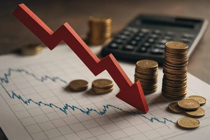 A red downward arrow placed on top of financial charts beside stacked coins, symbolizing economic decline and financial instability.