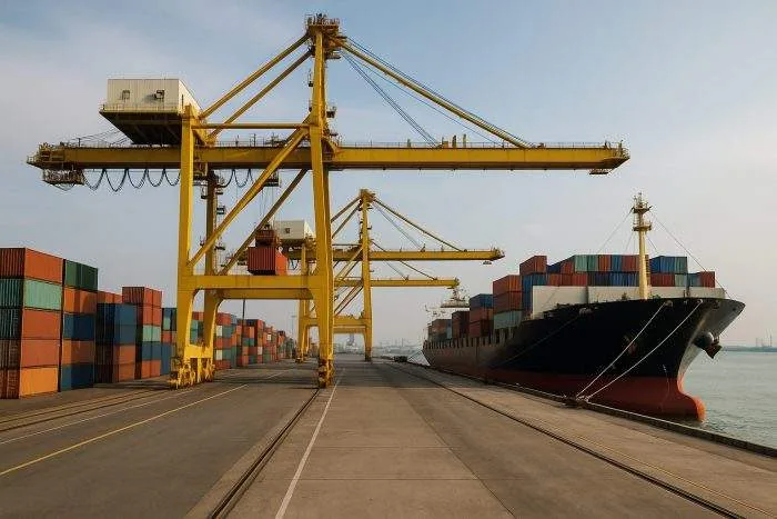 Cargo cranes and container ships operating at a major port during daytime.