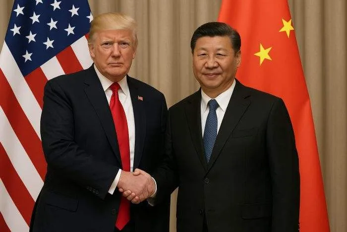 Former U.S. President Donald Trump and Chinese President Xi Jinping shaking hands in front of U.S. and Chinese flags after signing a trade agreement.