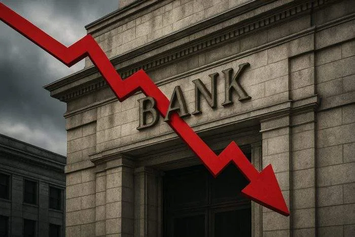 A large stone bank building with dark storm clouds above and a red downward financial graph cutting across the facade.
