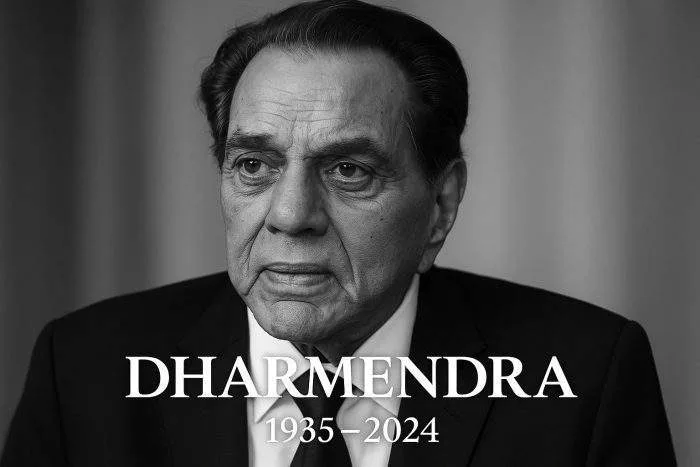 Black-and-white portrait of legendary Bollywood actor Dharmendra looking thoughtful, symbolizing tribute after his reported passing.