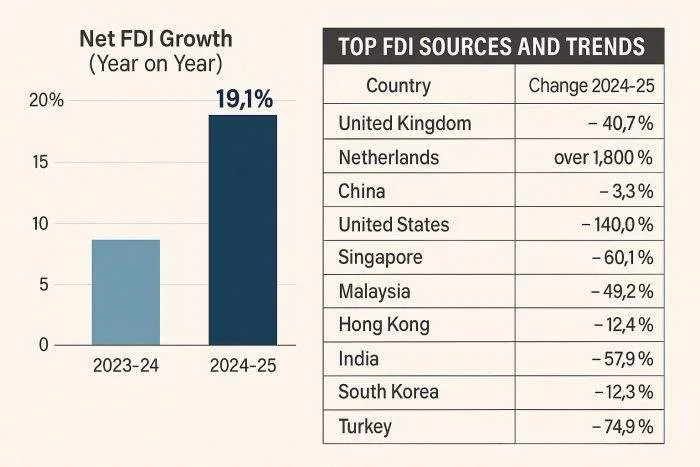 Industrial skyline and cargo routes symbolizing Bangladesh’s foreign direct investment links with global economies.
