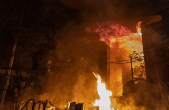 Damaged media and cultural institution buildings in Dhaka after coordinated vandalism and arson attacks.