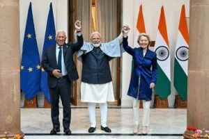Indian Prime Minister Narendra Modi and European Commission President Ursula von der Leyen meet in New Delhi after finalizing a free trade agreement.