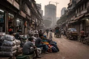 A wide street-level view of a garment district in Bangladesh, with idle workers, fabric bundles, shuttered shops, and an unfinished high-rise in the background.