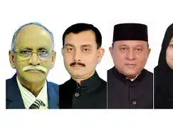 Lawyers in traditional black gowns casting ballots in a wooden ballot box during a district bar election in Bangladesh.