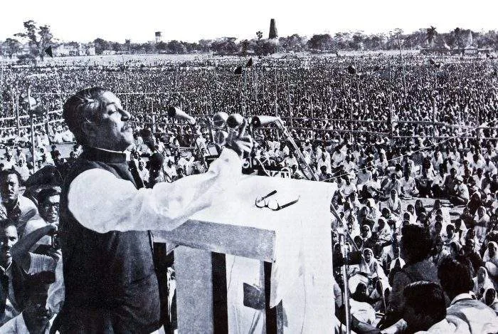 Portrait of Bangabandhu Sheikh Mujibur Rahman alongside historic scenes from the 1971 speech and Bangladesh’s independence movement.
