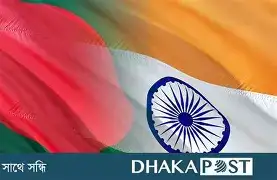 ভারত ও বাংলাদেশের পতাকার আবহে একটি আধুনিক রেলপথ (যেমন আখাউড়া-আগরতলা বা মোংলা রেলপথ) এবং বিদ্যুৎ সঞ্চালন লাইনের দৃশ্য। অস্পষ্টভাবে ডলারের চিহ্ন এবং হ্যান্ডশেকের একটি ডিজিটাল গ্রাফিক।