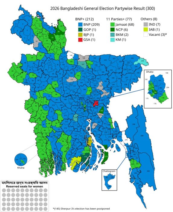 Map of Bangladesh showing 2026 general election results by constituency with party-wise color coding