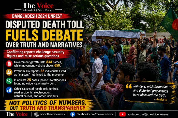 Photocard showing protesters carrying a symbolic coffin and waving Bangladesh flags, overlaid with text about disputed death toll figures during the 2024 unrest.