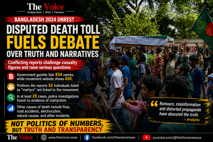 Photocard showing protesters carrying a symbolic coffin and waving Bangladesh flags, overlaid with text about disputed death toll figures during the 2024 unrest.