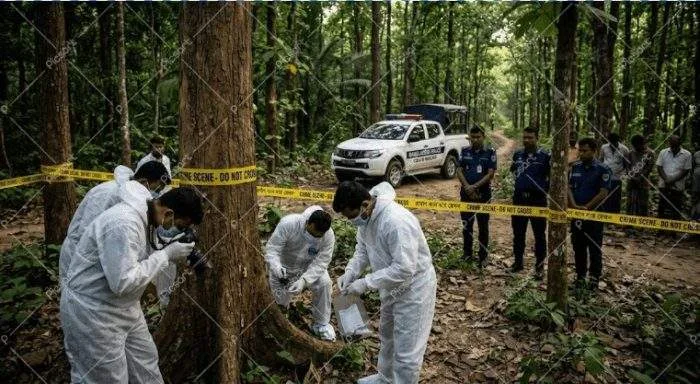 Police and forensic investigators at the site where a priest's body was recovered in Khurushkul, Cox's Bazar.