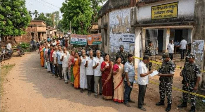 A long queue of voters standing outside a polling station in Kolkata, with security personnel guarding the entrance under a clear morning sky.
