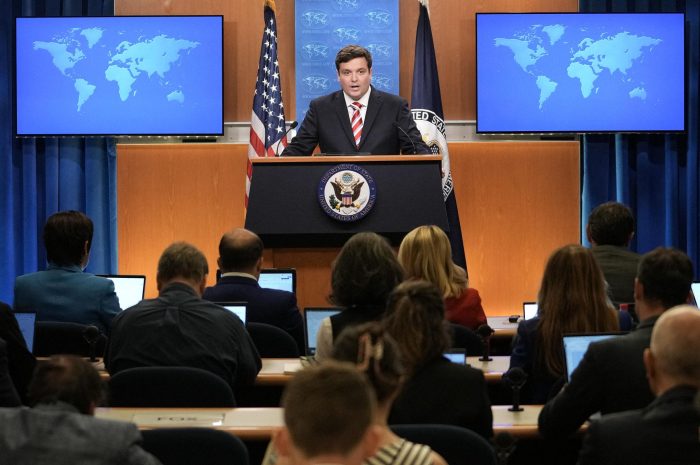 U.S. State Department building and press briefing setting in Washington