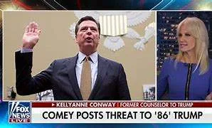 A split-screen graphic showing former FBI Director James Comey on one side and a symbolic representation of the "86 47" coded seashell image on the other.