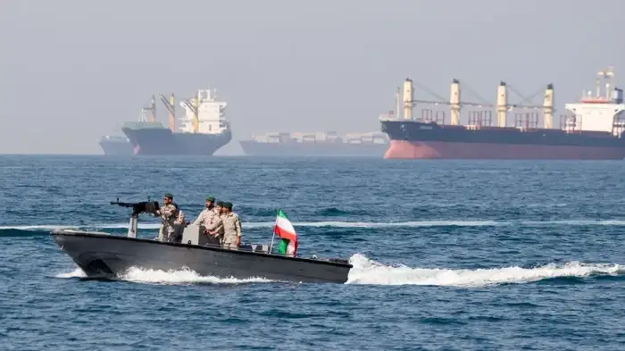 Iran collecting transit tolls in the Strait of Hormuz, April 2026.