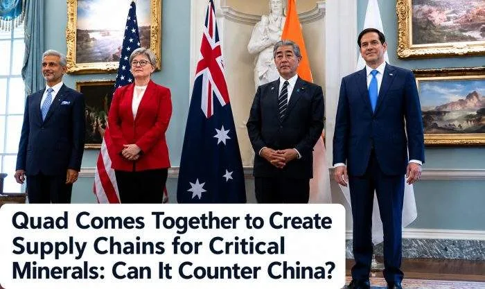 Foreign Ministers Marco Rubio, S. Jaishankar, Penny Wong, and Toshimitsu Motegi standing shoulder-to-shoulder for a joint press photograph in New Delhi.