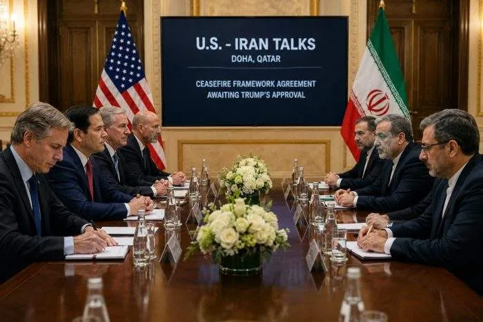 A high-level diplomatic conference room in Doha, Qatar, featuring American, Iranian, and Qatari flags arranged on a central mahogany table.
