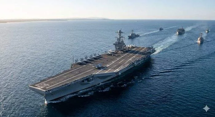 The largest US aircraft carrier, USS Gerald R. Ford, sails on the open sea, flanked by its escort ships, moving away from a sunlit coastline towards the wide horizon.