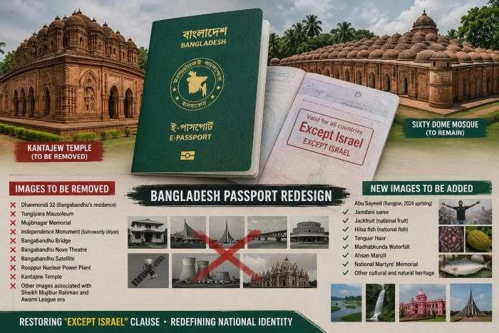 Bangladeshi passport displayed beside national heritage landmarks reflecting Bangladesh’s religious diversity.