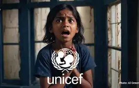 A symbolic shadow of a child against a brightly lit wall, with a blue UNICEF logo faintly superimposed in the upper corner.