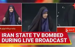 Iranian state television host Hossein Hosseini handling a firearm next to a masked IRGC member in a news broadcasting studio.