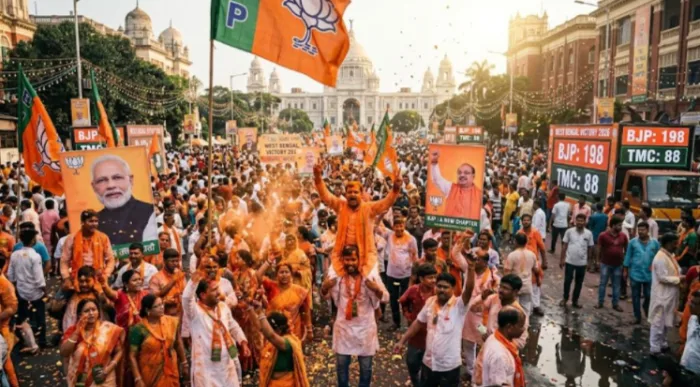 BJP supporters and workers smeared in saffron powder celebrate in the streets of Kolkata, waving party flags after the declaration of the 2026 West Bengal Assembly election results.