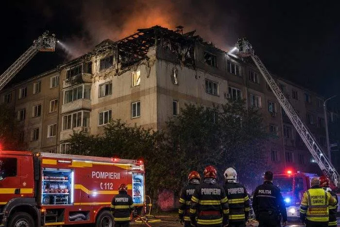 Romanian emergency personnel extinguishing flames on the heavily damaged roof of a civilian apartment complex in the city of Galați.