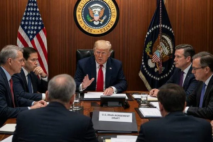 A dimly lit, secure conference room inside the White House Situation Room with digital maps of the Middle East displayed on large wall monitors.