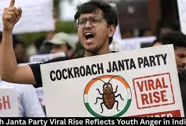 A vibrant, satirical political poster featuring a caricature of a cockroach wearing a traditional Indian political scarf, displayed on a smartphone screen.
