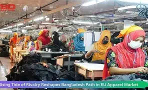 A quiet garment factory floor in Bangladesh with stacked shipping boxes labeled for Europe, symbolizing the decline in export demand.